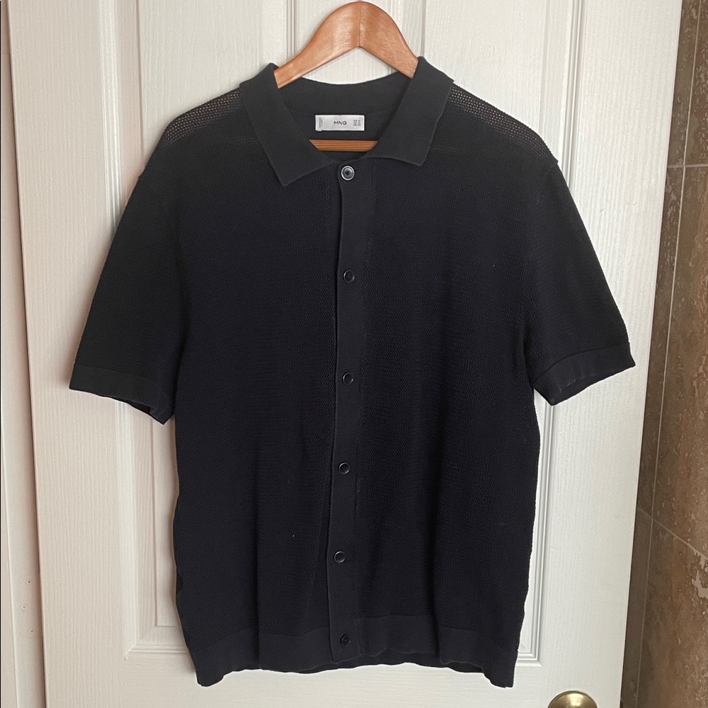 MNG - Mango,  Navy Blue button down short sleeve knit shirt